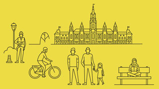Illustration von Wiener Rathaus, Arbeitern und Bewohner