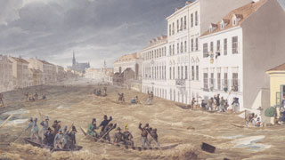 Copyright: gemeinfrei, Quelle: commons.wikimedia.org 1830 su baskını ´- Eduard Gurk'un gravürü: Leopoldstadt, Jägerzeile, am 2 März 1830